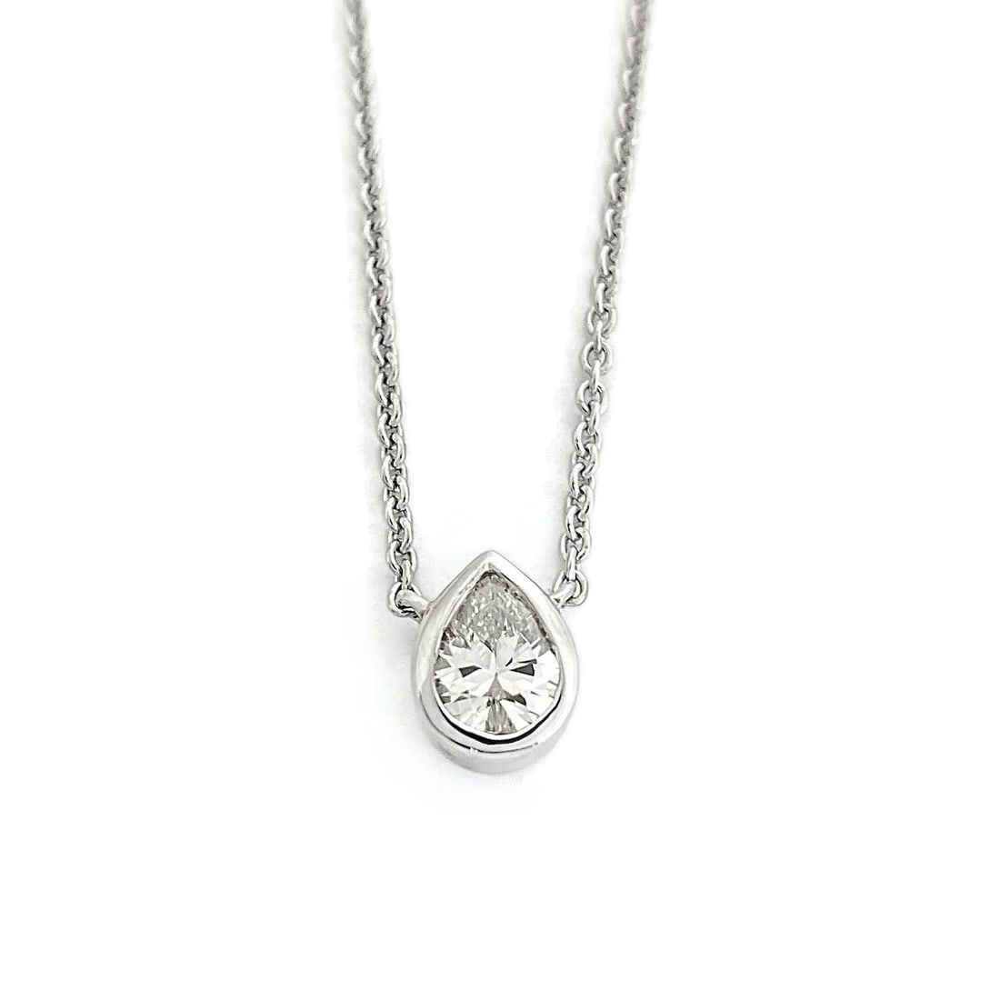Pear Diamond Solitaire Bezel Pendant Necklace 14K White Gold, .70 CT (1 of 7)