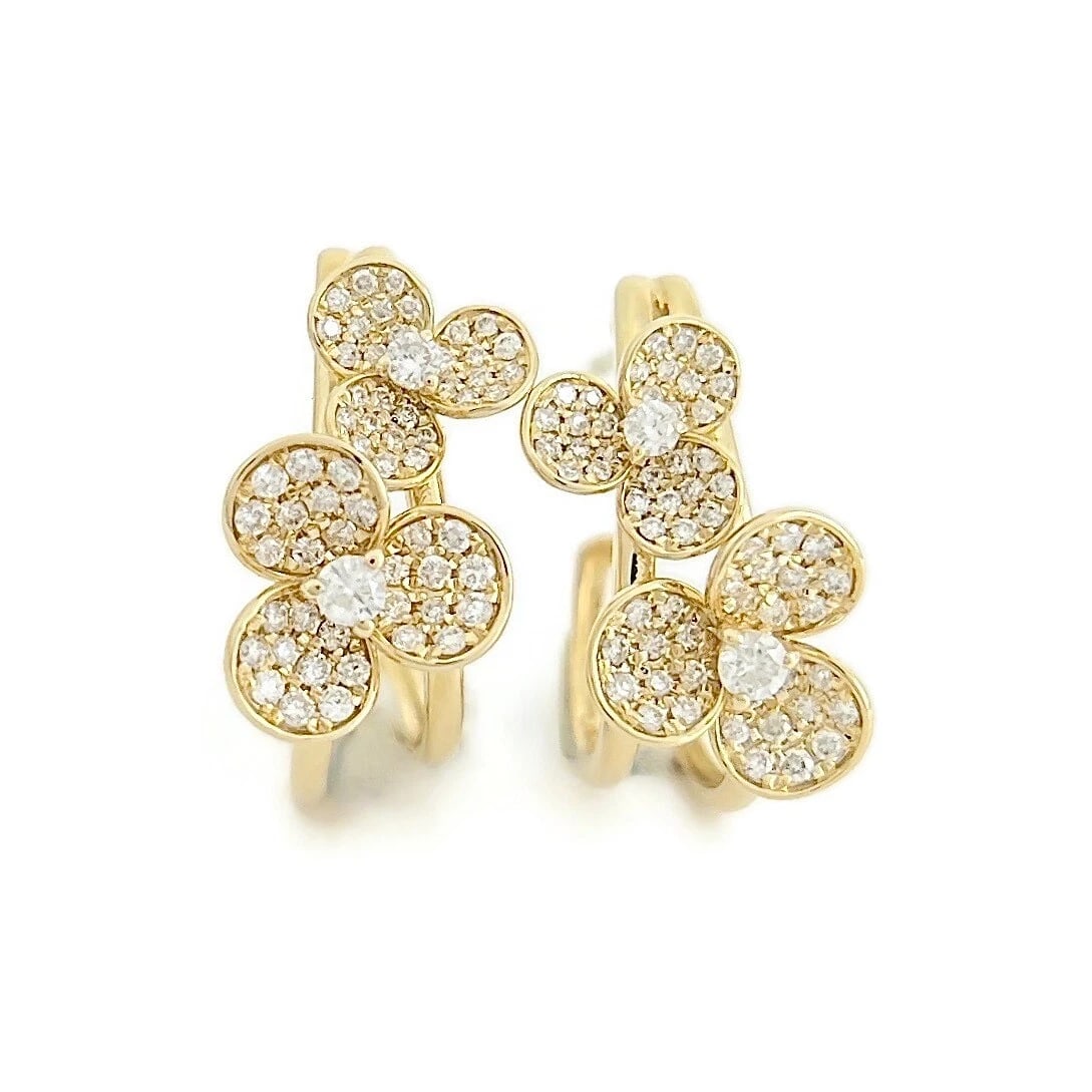 Pave Diamond Flower Floral Drop Hoop Earrings 14K Yellow Gold .65 CTW: Pave Diamond Flower Floral Drop Hoop Earrings 14K Yellow Gold .65 CTW These are lovely earrings! Please let us know if you have any questions. Diamonds: 124 rounds .65 ctw, F, SI2-I1 Metal: 14K yellow