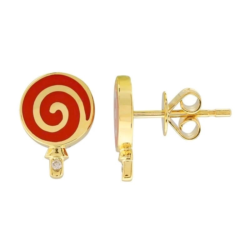 Red Enamel Swirl Lollipop Diamond Stud Earrings 14K Yellow Gold .02 CTW: Red Enamel Swirl Lollipop Diamond Stud Earrings 14K Yellow Gold .02 CTW These are lovely earrings! Please let us know if you have any questions. Enamel: red Diamonds: 2 round brilliant cuts .02 ctw, H