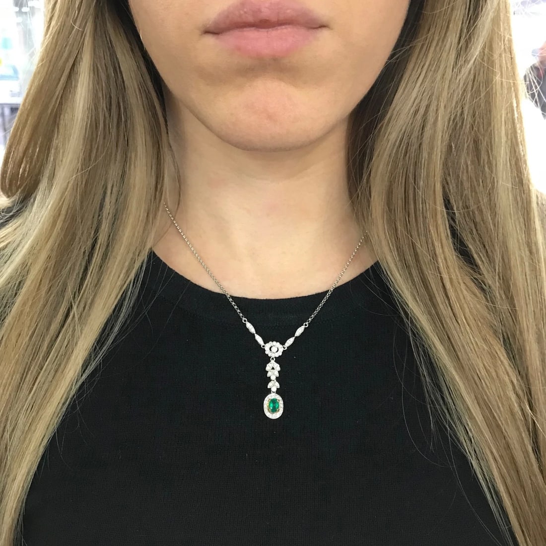 Green Emerald Diamond Halo Drop Pendant Lariat Y Necklace 18K White Gold .89 CTW - 5