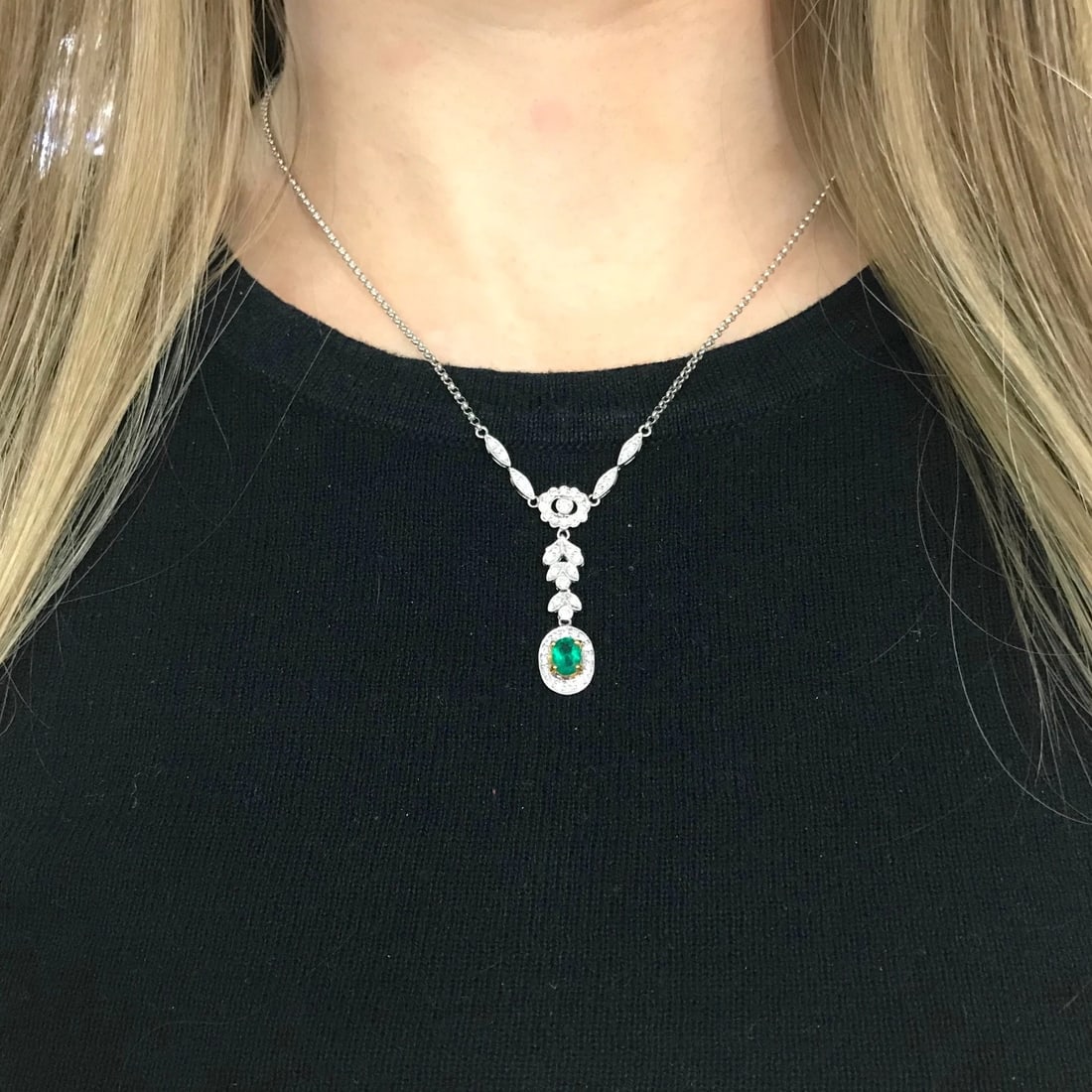 Green Emerald Diamond Halo Drop Pendant Lariat Y Necklace 18K White Gold .89 CTW - 6