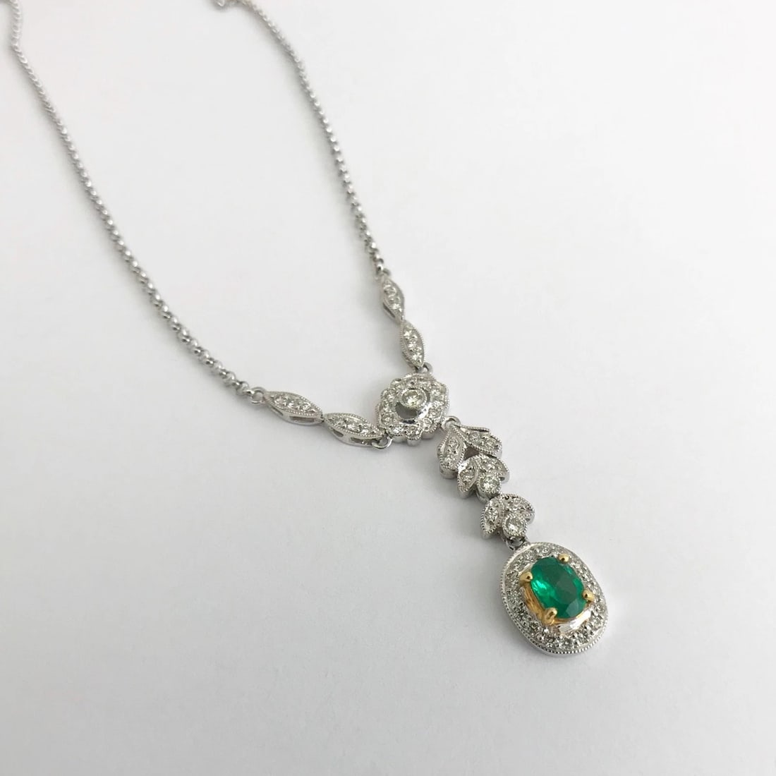 Green Emerald Diamond Halo Drop Pendant Lariat Y Necklace 18K White Gold .89 CTW - 8