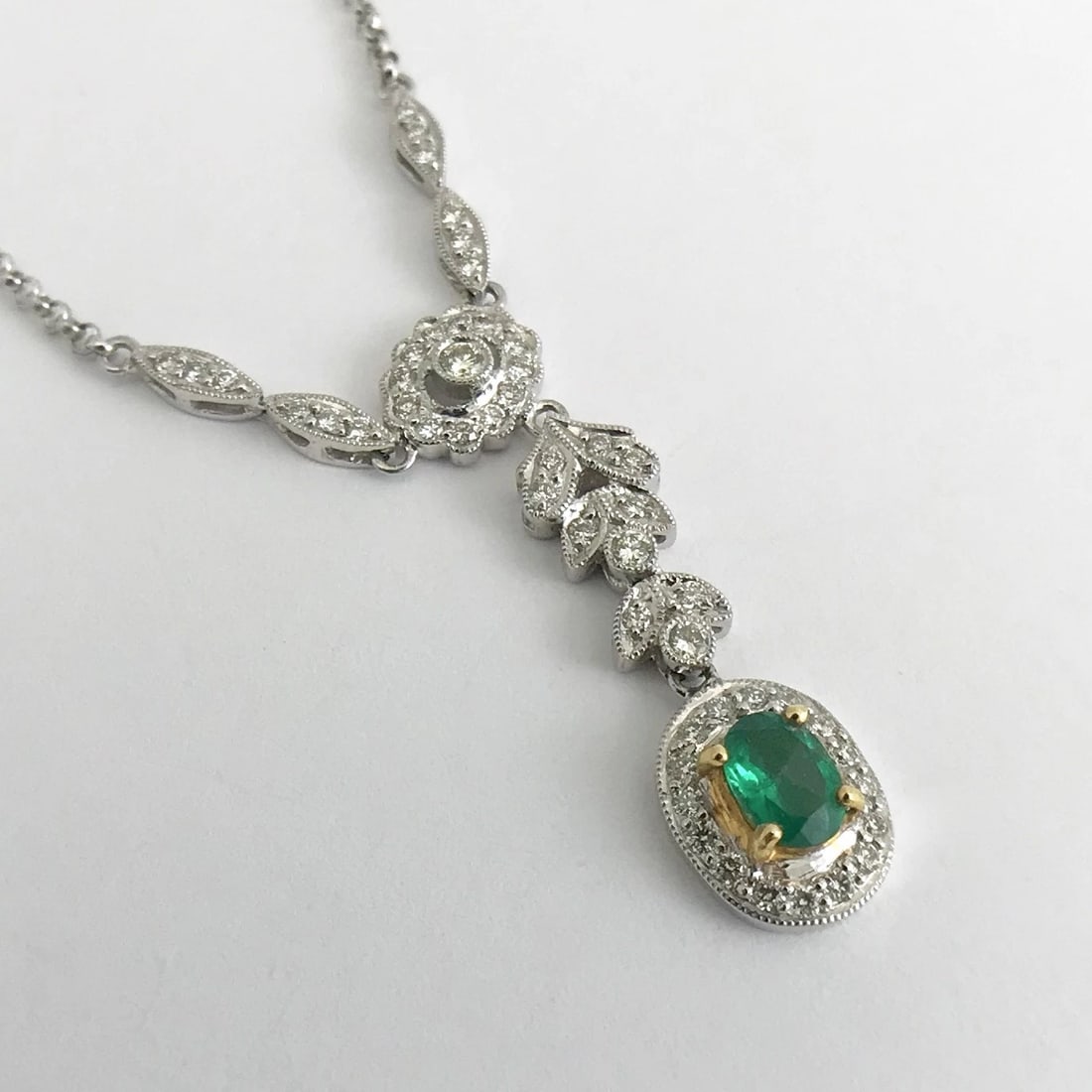 Green Emerald Diamond Halo Drop Pendant Lariat Y Necklace 18K White Gold .89 CTW - 9