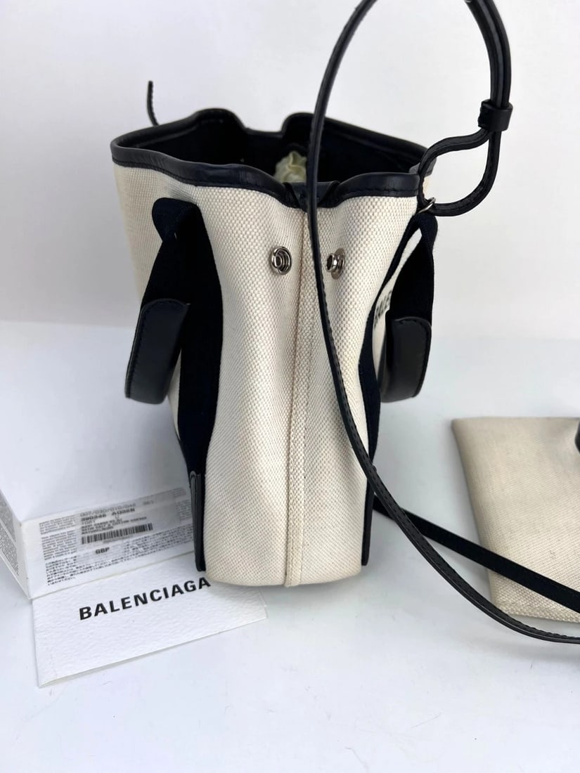 Balenciaga Cotton Canvas Calfskin Navy Cabas XS Natural Black Tote Bag - 7