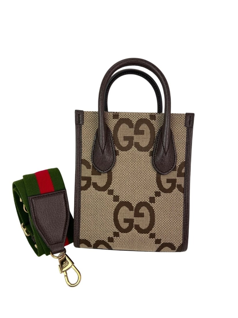 Gucci Jumbo GG textured dollar calfskin Mini Web Vertical Tote: Title: Gucci Jumbo GG textured dollar calfskin Mini Web Vertical Tote Description: Pre-Owned 100% Authentic Gucci Jumbo GG textured dollar calfskin Mini Web Vertical Tote Camel Ebony New Acero