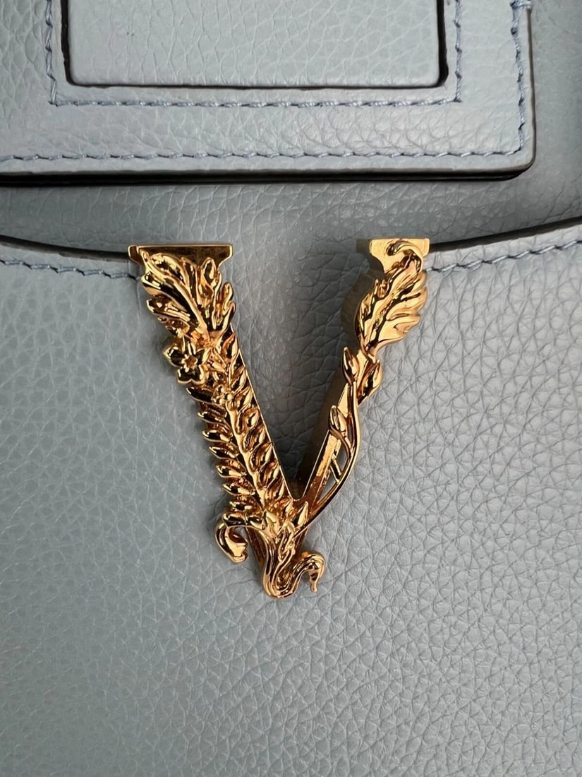 Versace Virtus Top Handle Grained Calfskin Light Blue Tote - 14