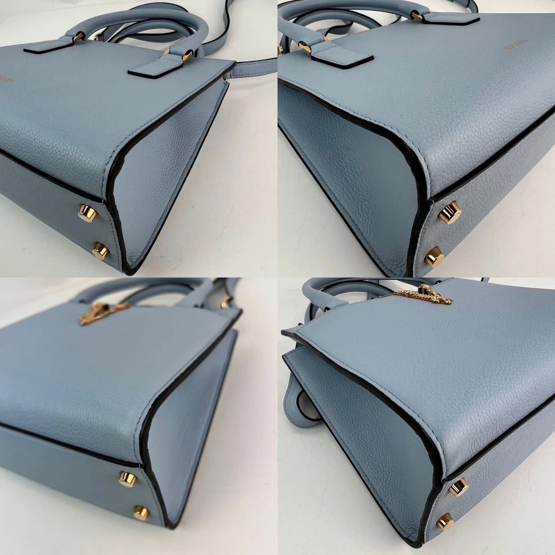 Versace Virtus Top Handle Grained Calfskin Light Blue Tote - 7