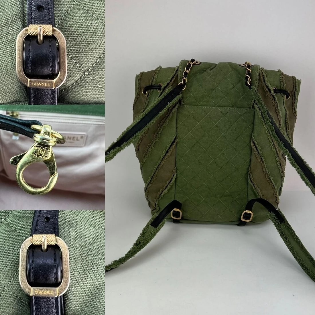CHANEL Backpack Canvas Chevron Cuba Patchwork Khaki Green Backpack - 3