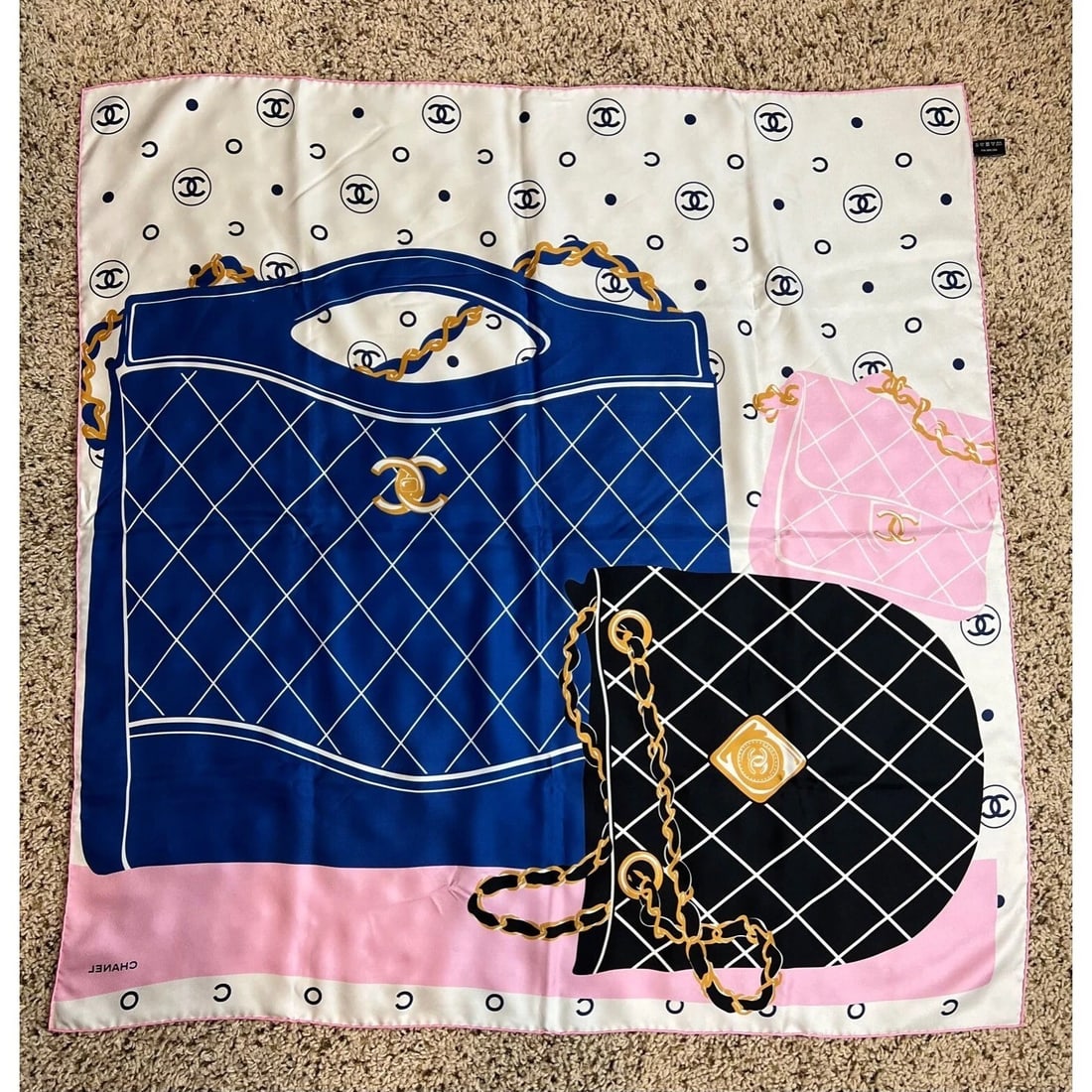 Chanel Silk Pink Black Blue Scarf - 3