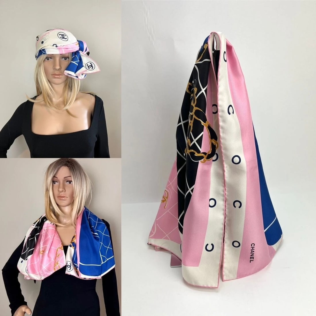 Chanel Silk Pink Black Blue Scarf - 5