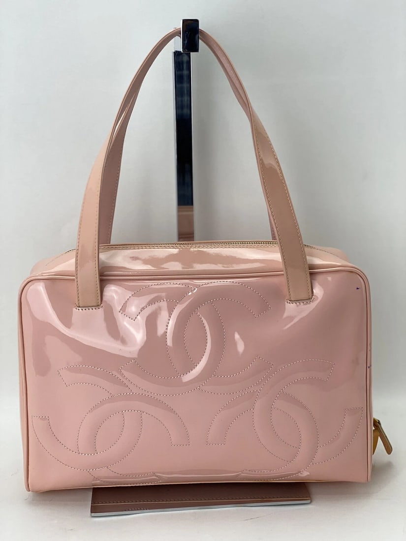 Chanel Bag Triple CC Logo Medium Pink Patent Leather Zip Tote Hand Bag - 4