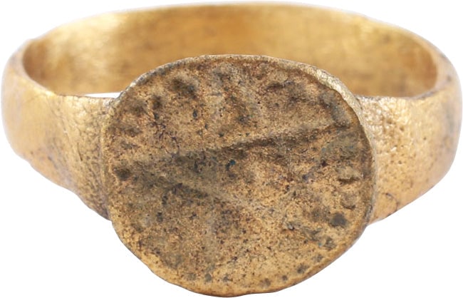 MEDIEVAL SORCERER’S PENTAGRAM RING, C.500-900 AD, SIZE 8 1/2: Slightly over size 8 1/2 with 4.2mm Rounded face band, flaring slightly to the shoulders. Large circular bezel with large central pentagram within stippled border. Despite the universal conversion to