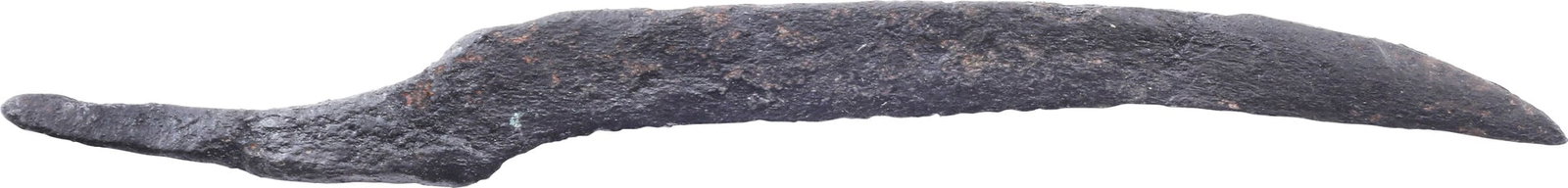 CELTIC SIDE KNIFE OR POUCH KNIFE, 450-100 BC: Over 3 ½” (3.48”) total length. Forged iron with the characteristic curved back. Relatively thin wedge section slashing blade. They are slashing knives capable of cutting a man's throat to th