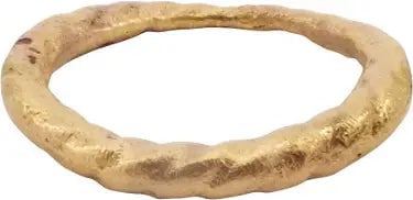 VIKING TWISTED RING, 9th-10th C. AD, SIZE 7 1/4: 9th-11th century AD. Gilt bronze, size 7 1/4. 2.4mm width band with rounded face. Surface textured from burial. Vikings exchanged rings on the pommel of the groom's sword. Professionally refurbished w