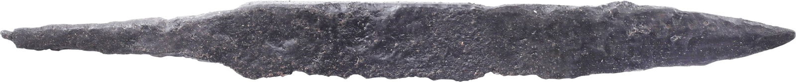 VIKING POUCH KNIFE 9TH-11TH CENTURY AD: Over 3 1/4” (3.28”) total length. Wedge section blade for slashing with a dramatically point in the scramseax style for thrusting. Whittle tang, to secure it to the wood, bone, or antler grip,