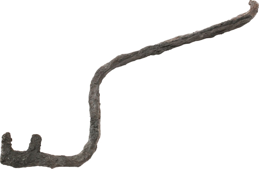 RARE VIKING CHEST OR DOOR LOCK KEY: 9th-11th century AD. Forged iron, about 5 5/8 " in length. The bit with tapered projection and offset required inserting the key and locating the bolt within the case. The configuration indicates that