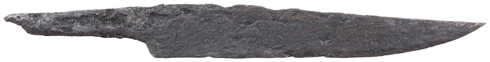 ANCIENT VIKING POUCH KNIFE, 9th-11th CENTURY: 5 ½” (5.49”) total length. Wedge section blade for slashing with a slightly dropped point in the scramseax style for thrusting. Whittle tang, to secure it to the wood, bone, or antler grip, n