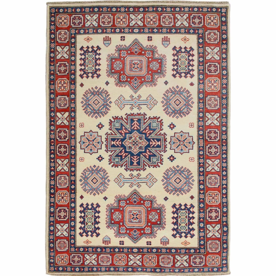 Ivory Special Kazak Tribal Design Pure Wool Hand Knotted Oriental Rug: Title: Ivory Special Kazak Tribal Design Pure Wool Hand Knotted Oriental Rug Description: This is a truly genuine one-of-a-kind. It has been Knotted for months and months in the centuries-old weaving