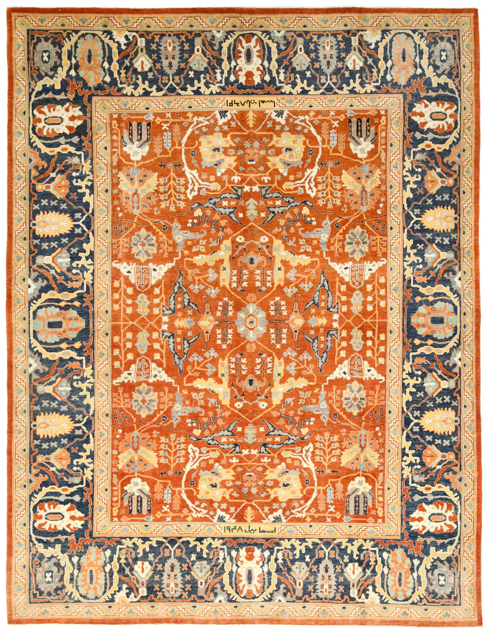 Orange Tribal 9X12 Oushak Chobi Oriental Rug: Title: Orange Tribal 9X12 Oushak Chobi Oriental Rug Description:Handmade 9X12 Orange Oriental rug made with natural dyes (fine wool pile and cotton foundation), superior knot count, and alluring ancie