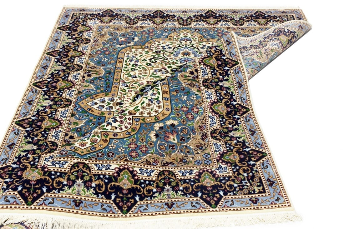 Cream & Navy Floral 6X8 Kirman Oriental Rug - 16