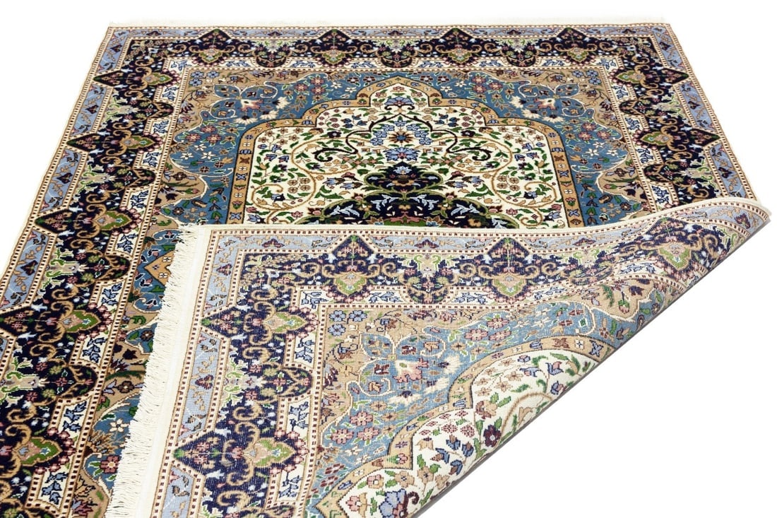 Cream & Navy Floral 6X8 Kirman Oriental Rug - 17