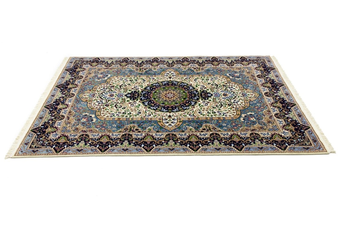 Cream & Navy Floral 6X8 Kirman Oriental Rug - 6