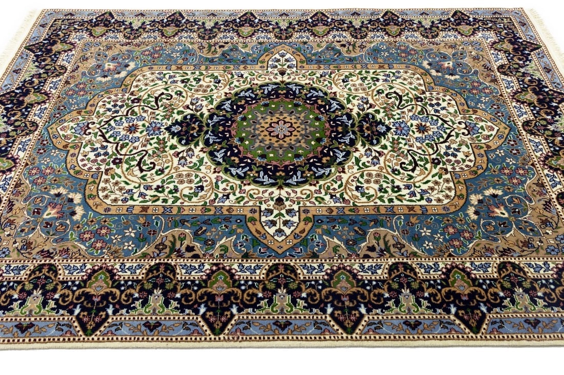 Cream & Navy Floral 6X8 Kirman Oriental Rug - 7