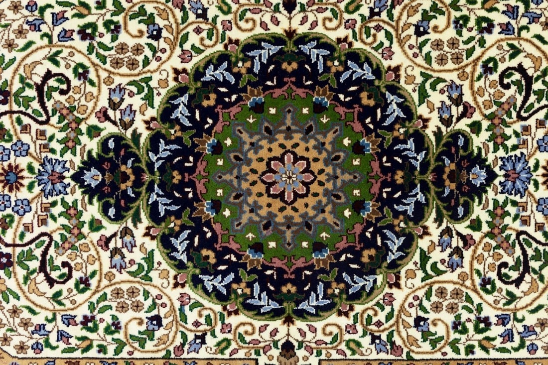 Cream & Navy Floral 6X8 Kirman Oriental Rug - 9