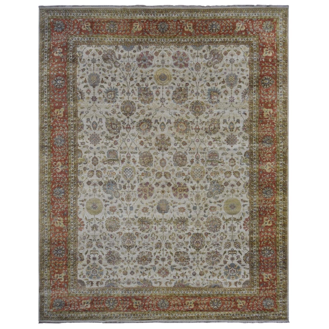 Ivory, Tabriz New Zealand Wool, 300 KPSI Hand Knotted Oversized Rug: Title: Ivory, Tabriz New Zealand Wool, 300 KPSI Hand Knotted Oversized Rug Description: This is a truly genuine one-of-a-kind. It has been Knotted for months and months in the centuries-old weaving cr