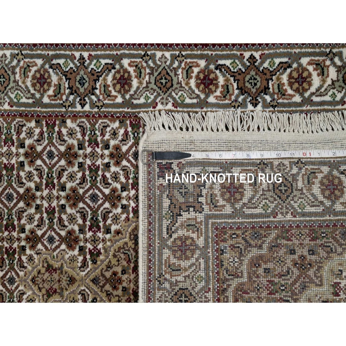 White Tabriz Mahi with Fish Design Hand Knotted Pure Wool Runner Rug - 8