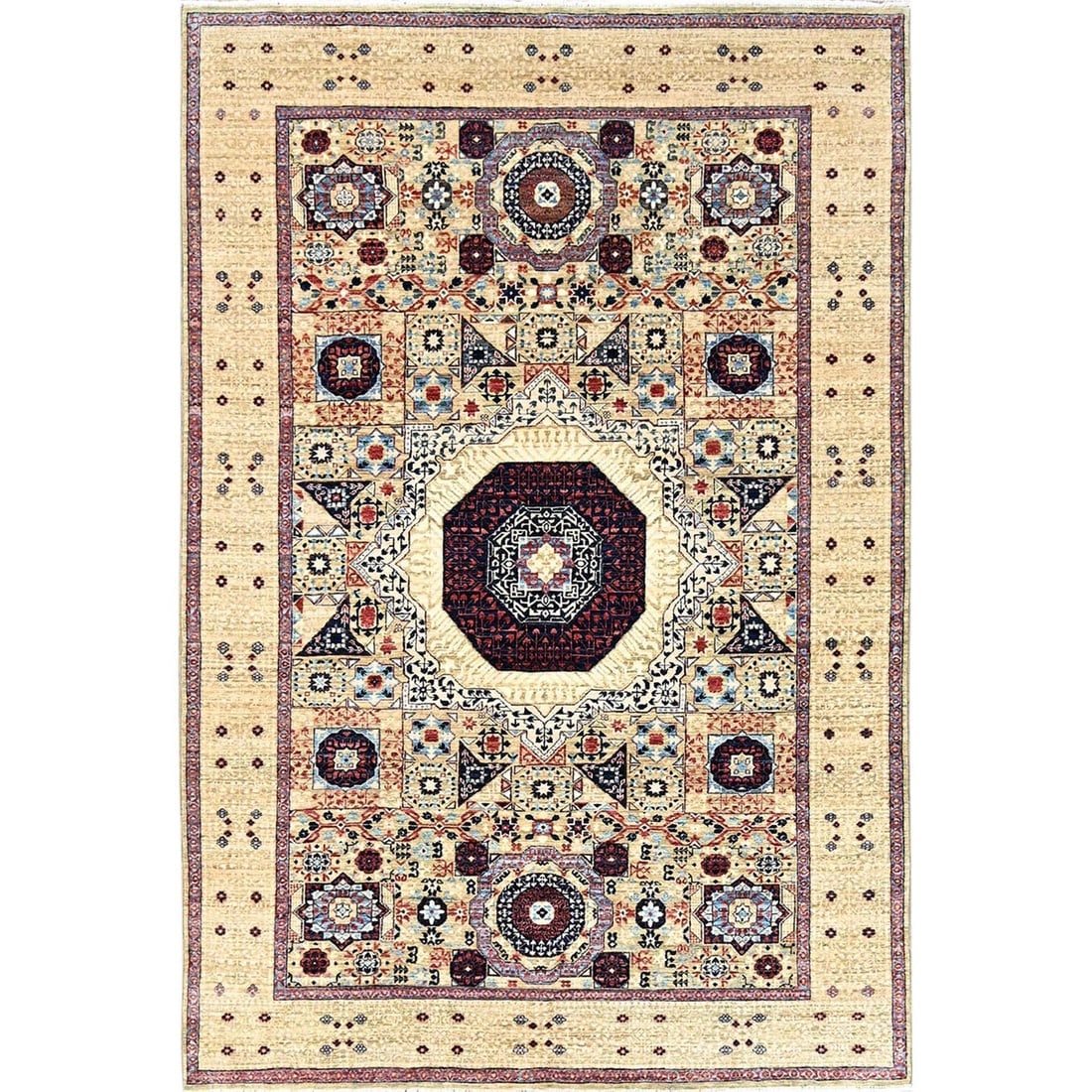 Flax Yellow, Extra Soft Wool, Hand Knotted, Mamluk Design Rug: Title: Flax Yellow, Extra Soft Wool, Hand Knotted, Mamluk Design RugDescription: This is a truly genuine one-of-a-kind. It has been Knotted for months and months in the centuries-old weaving