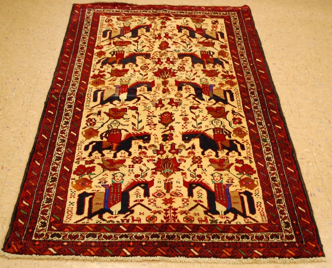 Persian Balochestan Persian RUG 3'7"X6'4": Title:Persian Balochestan Persian RUG 3'7"X6'4" Description:OLD, ANTIQUE DETAILED TRUE BEAUTY COLORFUL NOMADIC AUTHENTIC HAND KNOTTED Balochestan - Persian RUG with exact size of 3'7"X6'4"