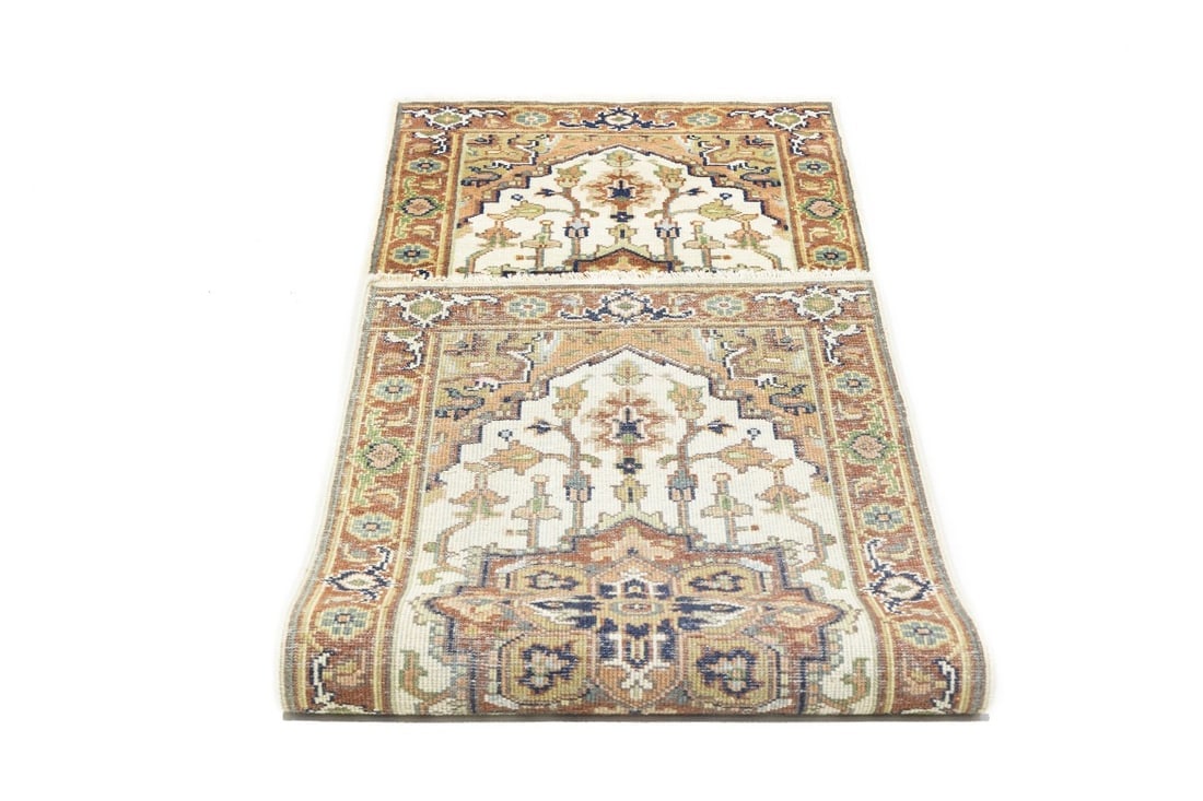 Cream Geometric 3X8 Heriz Serapi Oriental Runner Rug - 14