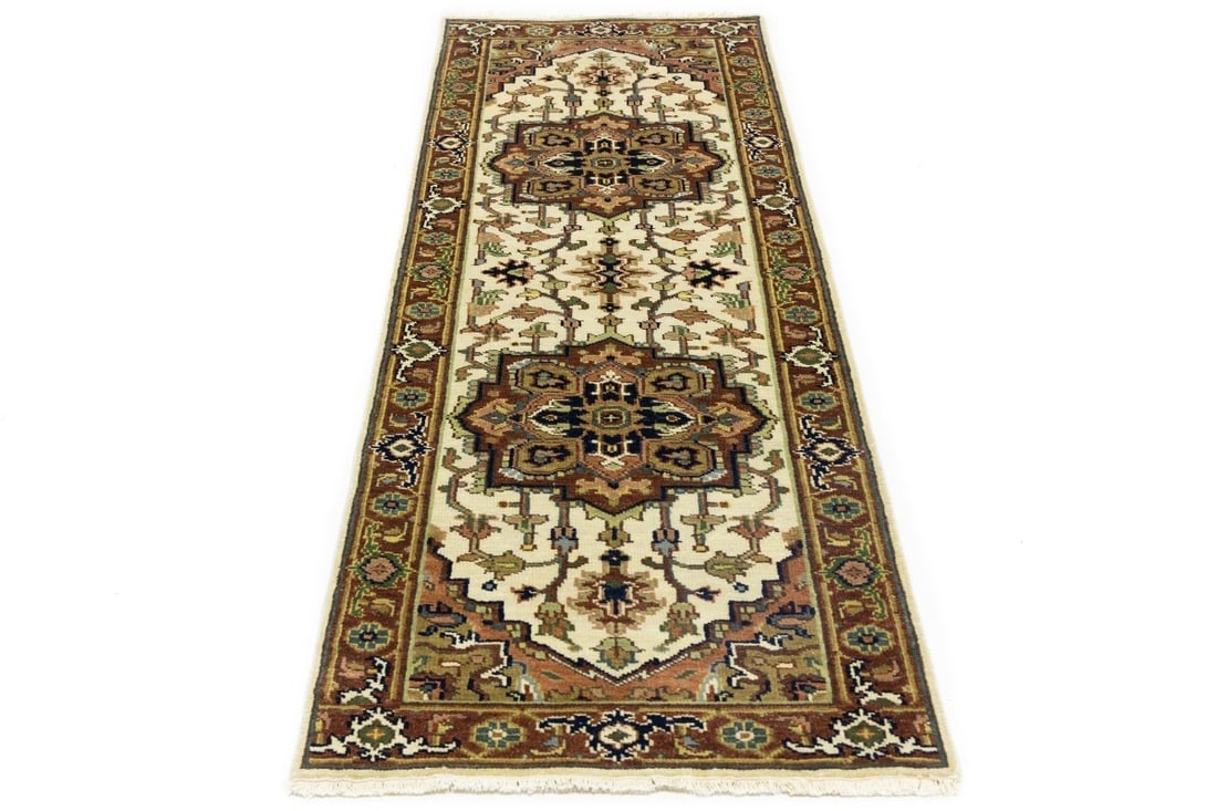 Cream Geometric 3X8 Heriz Serapi Oriental Runner Rug - 2