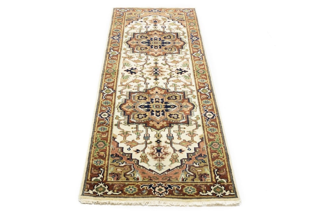 Cream Geometric 3X8 Heriz Serapi Oriental Runner Rug - 4