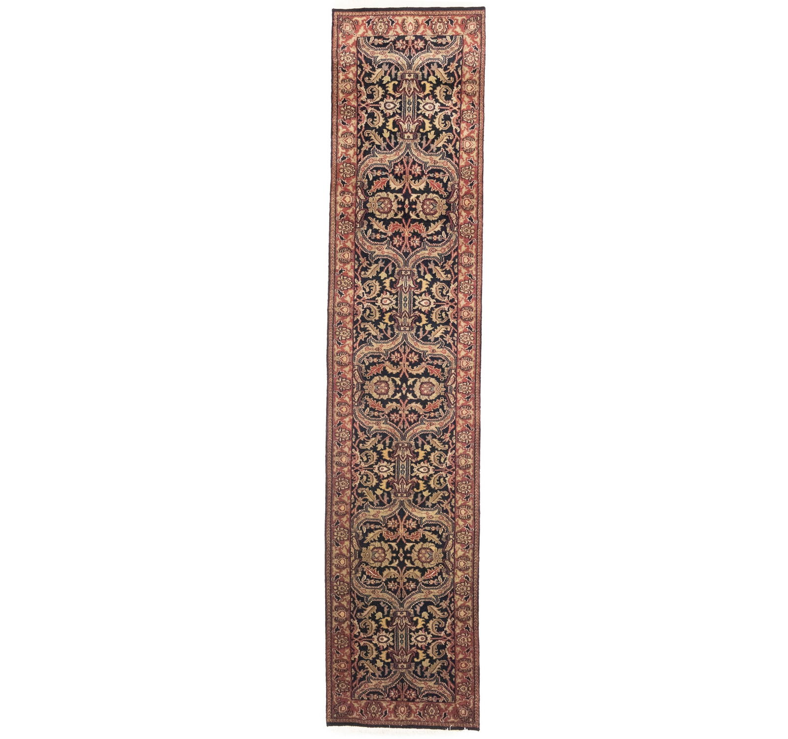 Black Floral Classic 3X12 Agra Jaipur Oriental Runner Rug: Title: Black Floral Classic 3X12 Agra Jaipur Oriental Runner RugDescription:Handmade 3X12 black oriental runner rug made with vegetable dyes (fine wool pile and cotton foundation), exceptional knot