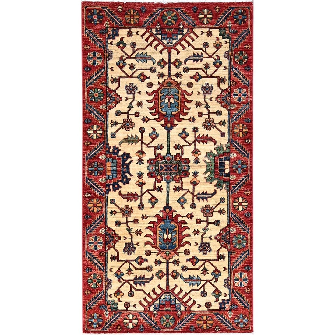 Tuscan Beige With Carmine Red Border Luxurious Wool Hand Knotted: Title: Tuscan Beige With Carmine Red Border Luxurious Wool Hand KnottedDescription: This is a truly genuine one-of-a-kind. It has been Knotted for months and months in the centuries-old weaving