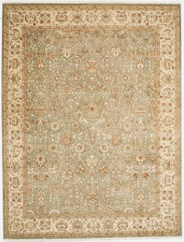 Hand Knotted Indo-Tabriz Sage Green Wool New Oriental Rug Carpet 8'11" x 11'8": Title:Hand Knotted Indo-Tabriz Sage Green Wool New Oriental Rug Carpet 8'11" x 11'8"Description:• Rug Number: 85770 • Country of Origin: India • Style, Design: Persian Tabriz,