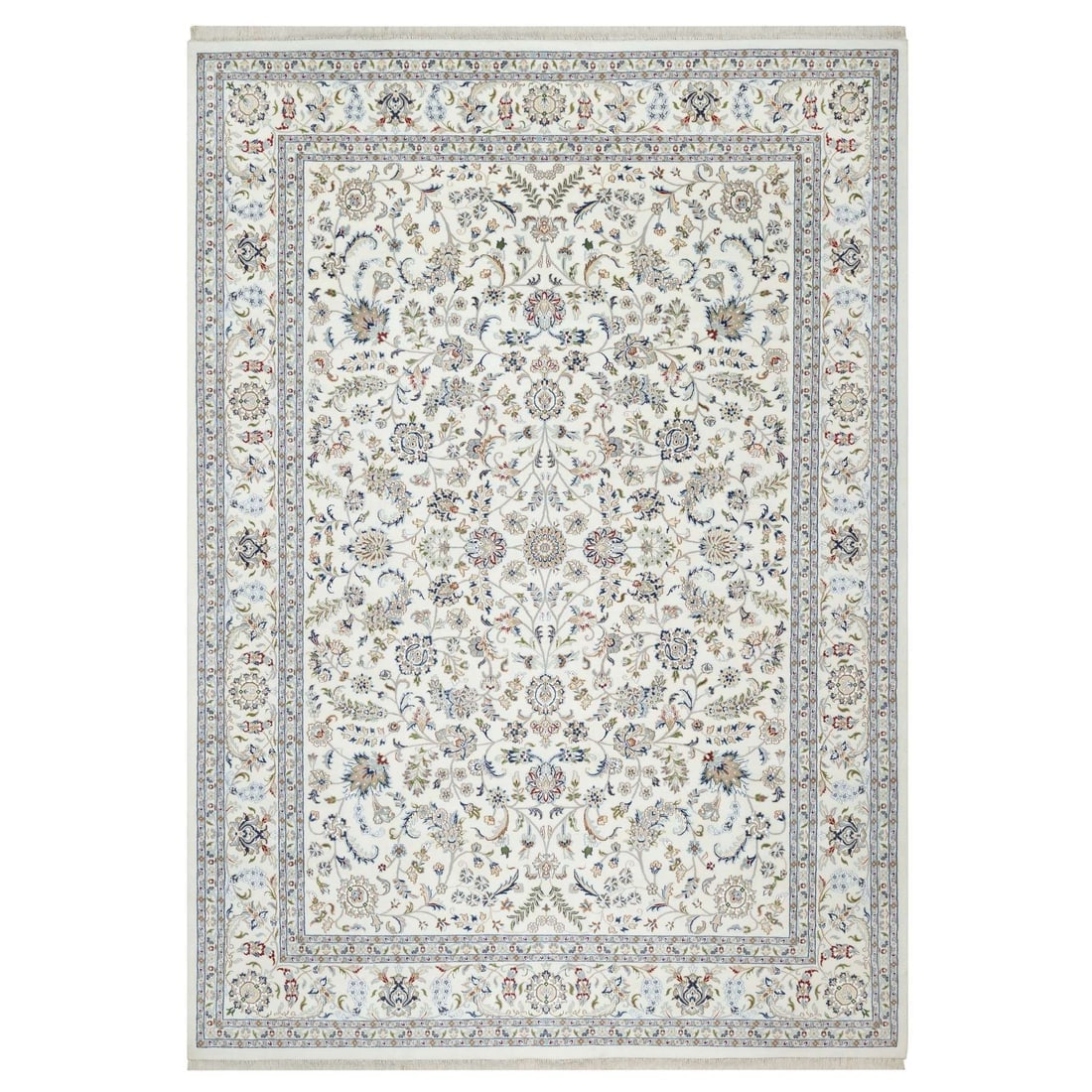 Vivid White, Wool and Silk, Nain Design, Hand Knotted, 250 KPSI Rug: Title: Vivid White, Wool and Silk, Nain Design, Hand Knotted, 250 KPSI Rug Description: This is a truly genuine one-of-a-kind. It has been Knotted for months and months in the centuries-old weaving cr