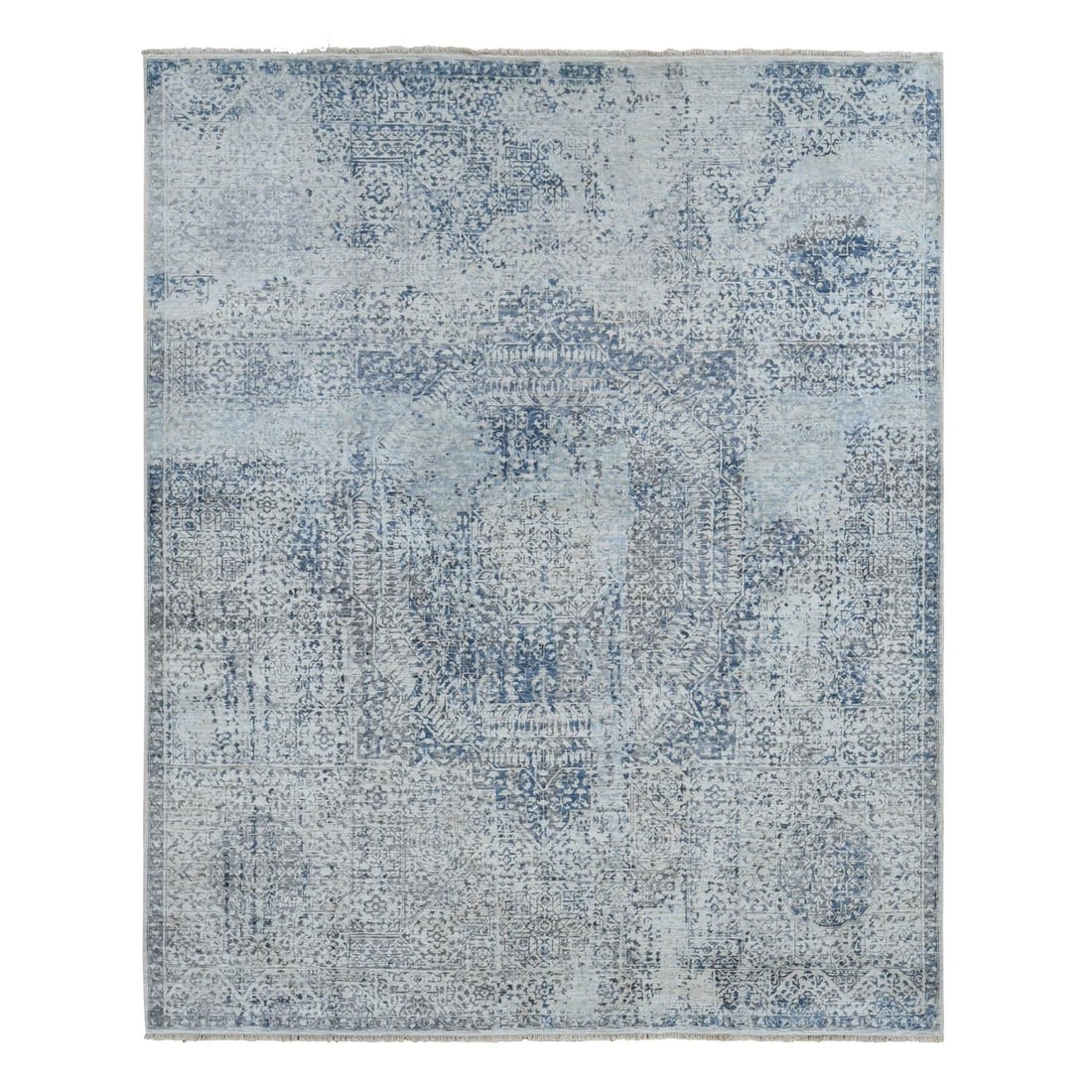 Cloud Gray, Pure Silk, Broken and Erased Design Hand Knotted Rug: Title: Cloud Gray, Pure Silk, Broken and Erased Design Hand Knotted Rug Description: This is a truly genuine one-of-a-kind. It has been Knotted for months and months in the centuries-old weaving craft
