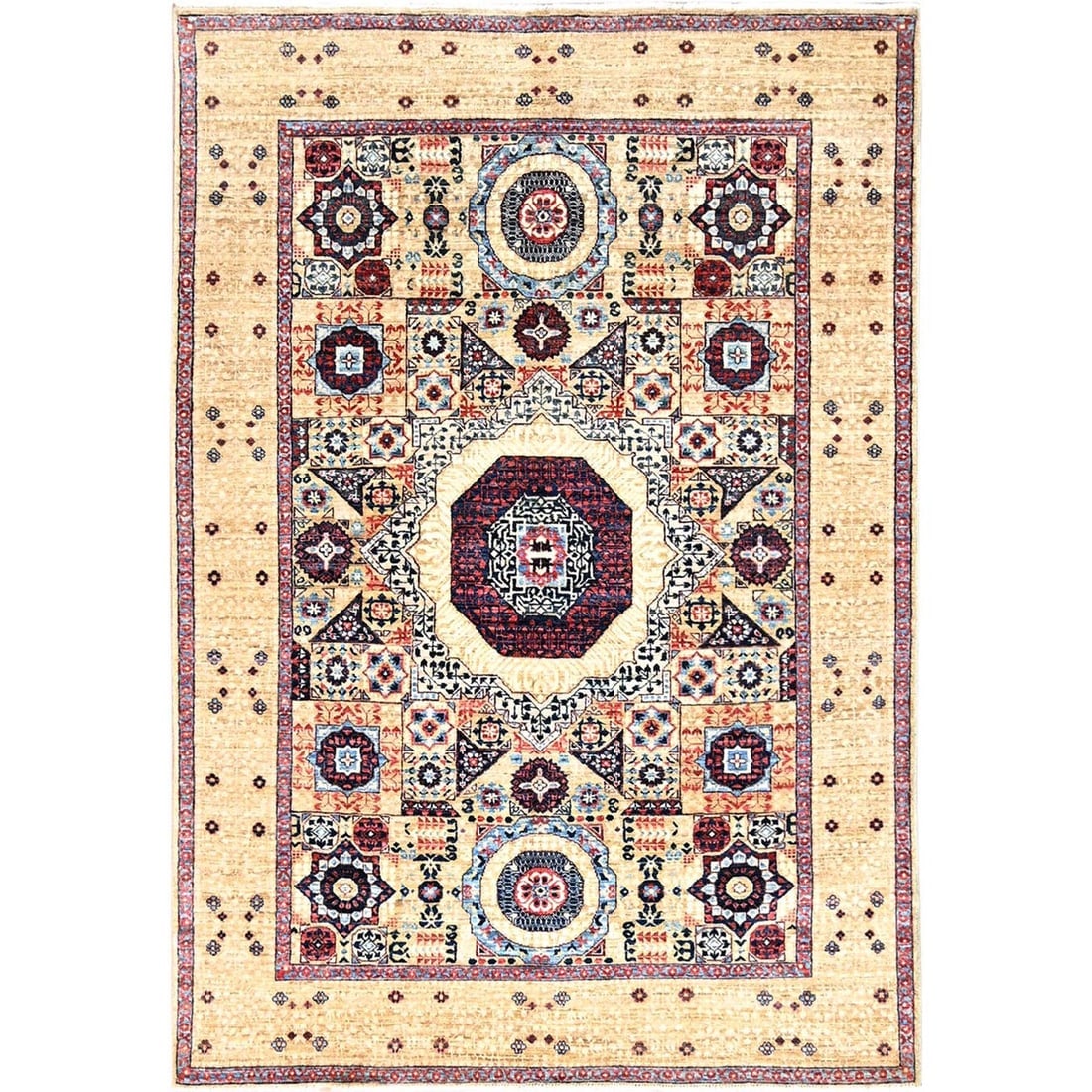 White, Mamluk Design, 100% Wool, Hand Knotted, Oriental Rug: Title: White, Mamluk Design, 100% Wool, Hand Knotted, Oriental Rug Description: This is a truly genuine one-of-a-kind. It has been Knotted for months and months in the centuries-old weaving craftsmans