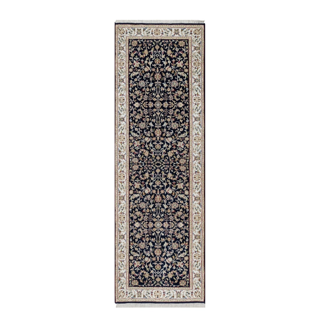 Midnight Blue Nain with Flower Design Wool and Silk Hand Knotted Rug: Title: Midnight Blue Nain with Flower Design Wool and Silk Hand Knotted RugDescription: This is a truly genuine one-of-a-kind. It has been Knotted for months and months in the centuries-old weaving