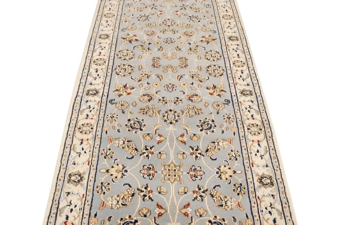 Light Blue-gray Floral 3X8 Indo-Nain Oriental Runner Rug - 10