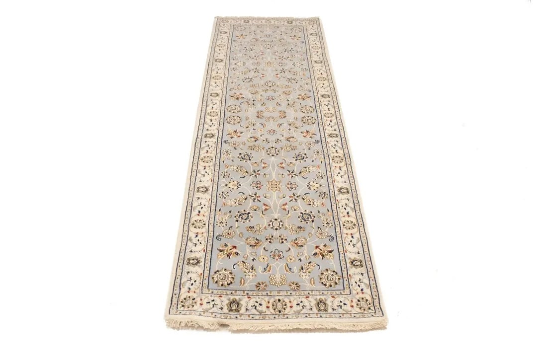 Light Blue-gray Floral 3X8 Indo-Nain Oriental Runner Rug - 12