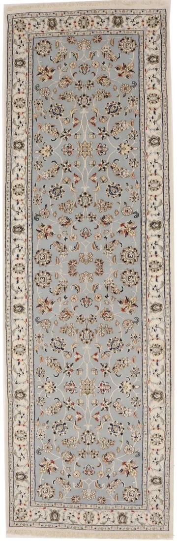 Light Blue-gray Floral 3X8 Indo-Nain Oriental Runner Rug: Title: Light Blue-gray Floral 3X8 Indo-Nain Oriental Runner RugDescription:Hand Knotted 3X8 blue-gray Oriental runner made with vegetable dyes (fine wool pile and cotton foundation), exceptional knot