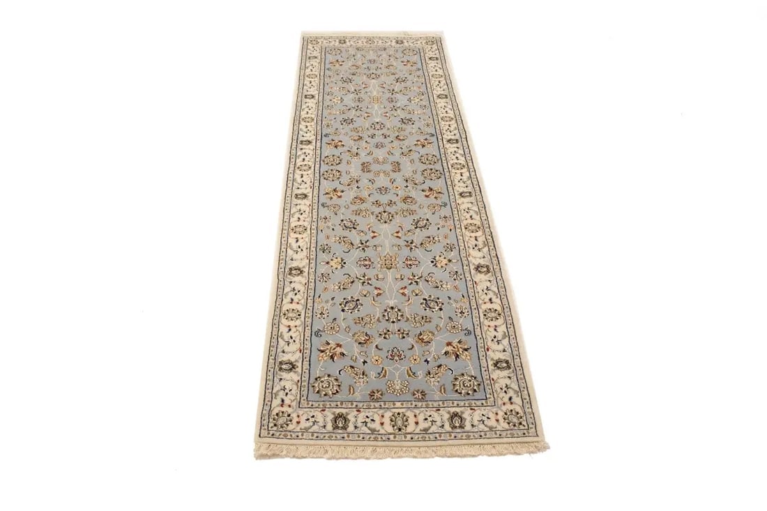 Light Blue-gray Floral 3X8 Indo-Nain Oriental Runner Rug - 2