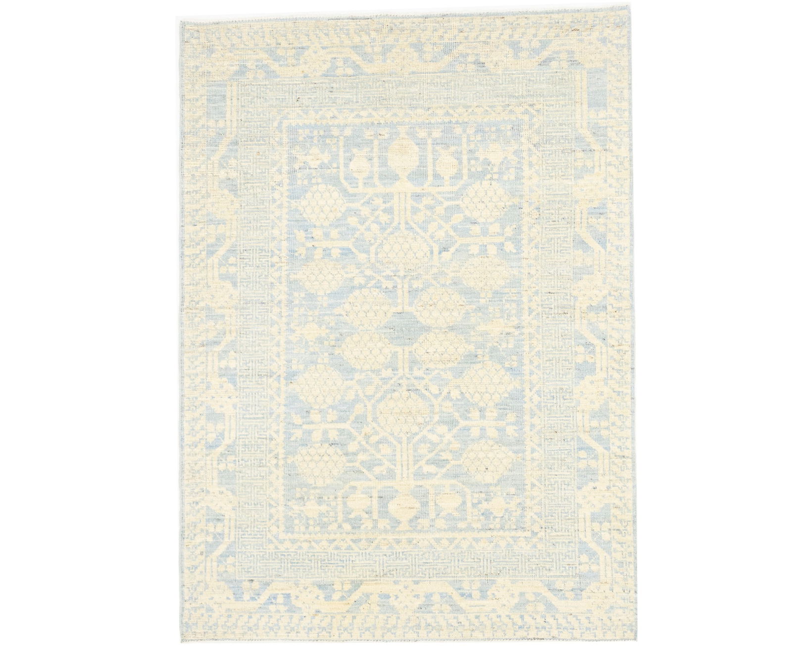 Beige Floral Khotan 4X6 Oushak Oriental Rug: Title: Beige Floral Khotan 4X6 Oushak Oriental RugDescription:Handmade 4X6 blue oriental rug made with natural dyes (fine wool pile and cotton foundation), superior knot count, and appealing ancient