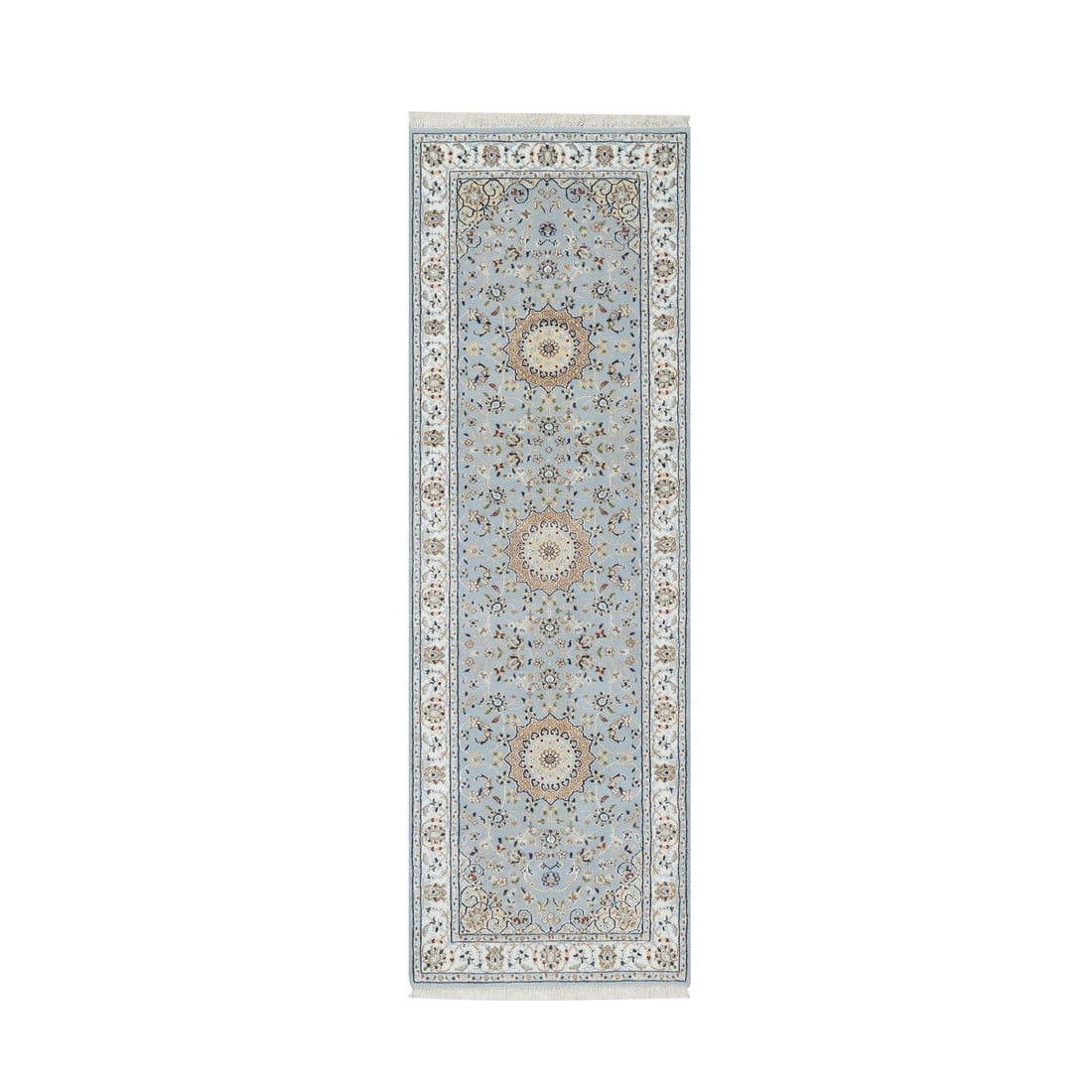 Beau Blue, Nain Design, 250 KPSI Wool and Silk Hand Knotted Runner Rug: Title: Beau Blue, Nain Design, 250 KPSI Wool and Silk Hand Knotted Runner RugDescription: This is a truly genuine one-of-a-kind. It has been Knotted for months and months in the centuries-old weaving
