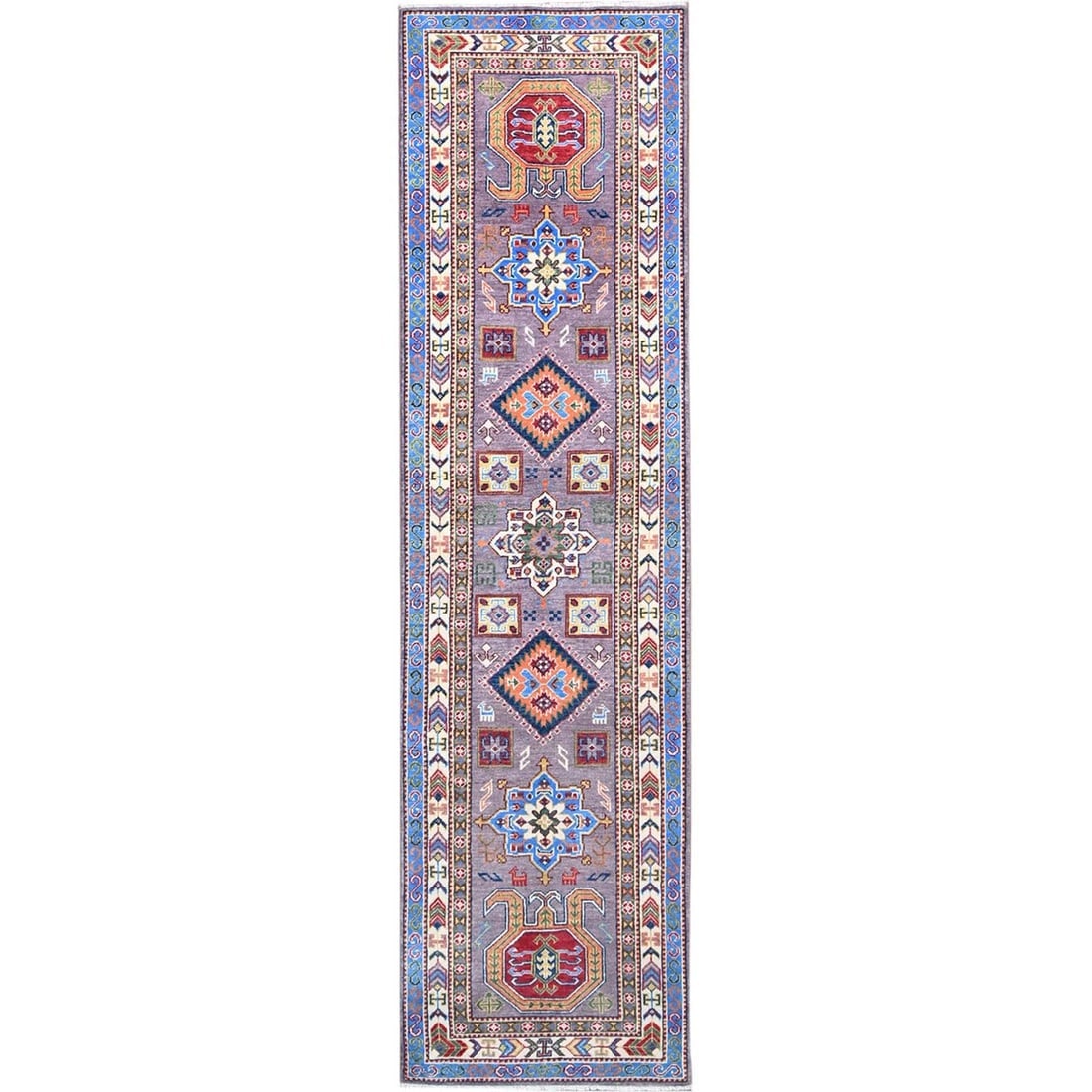 Gray Kazak Organic Wool Densely Woven Oriental Runner Hand Knotted Rug: Title: Gray Kazak Organic Wool Densely Woven Oriental Runner Hand Knotted Rug Description: This is a truly genuine one-of-a-kind. It has been Knotted for months and months in the centuries-old weaving