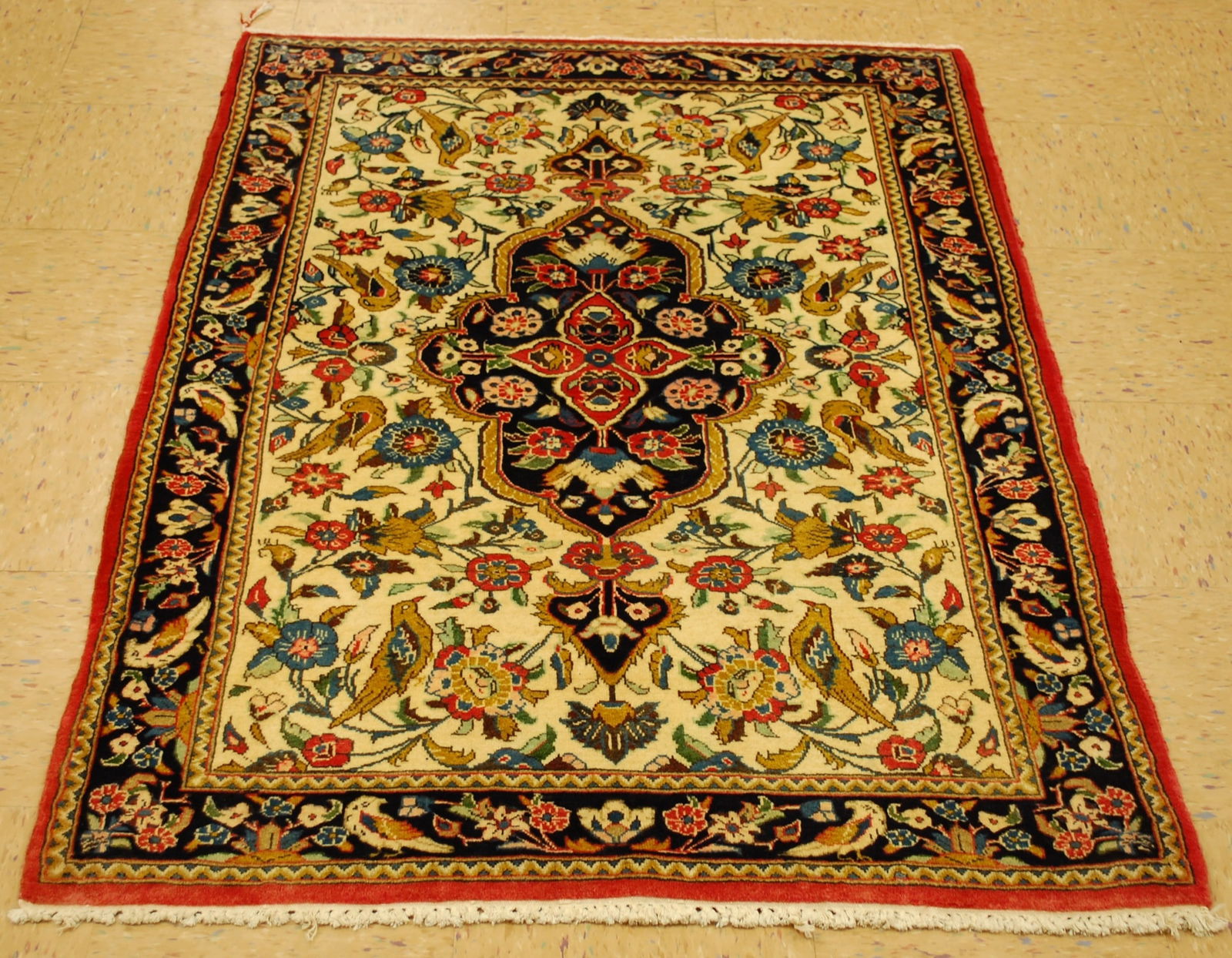 Persian QOME RUG 3.5x5: Title: Persian QOME RUG 3.5x5 Description: OLD ,ANTIQUE HIGHLY DETAILED with KORK WOOL_HIGH KPSI AUTHENTIC HAND KNOTTED Persian QOME (or GHOME or QOM) RUG........with exact size of 3' 5" x 5'.......Be